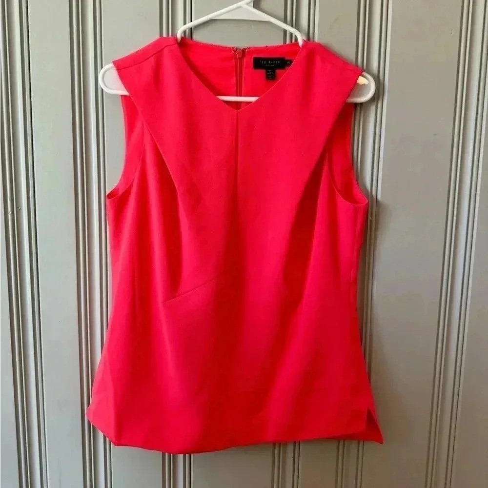 Ted Baker Sleeveless Coral Top V Neck, Size Small (Sz 2) Pink Orange Business